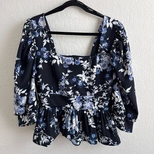 Guess by Marciano Navy Blue Floral Puff-Sleeve Peplum Top